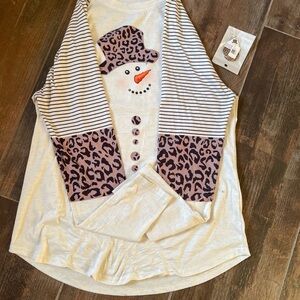 SHEIN Cream and Black Snowman Blouse with matching earrings